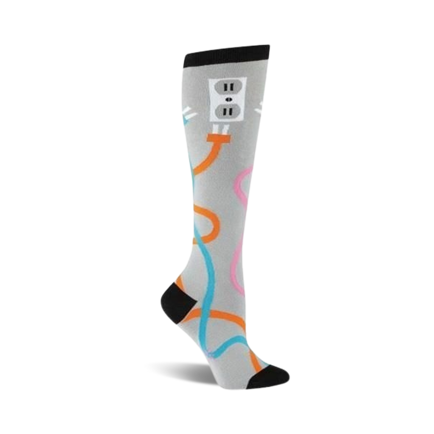 Knee-high socks in grey with an illustrated electrical outlet and colorful cord designs. Orange, teal, and pink accents on a light grey background.