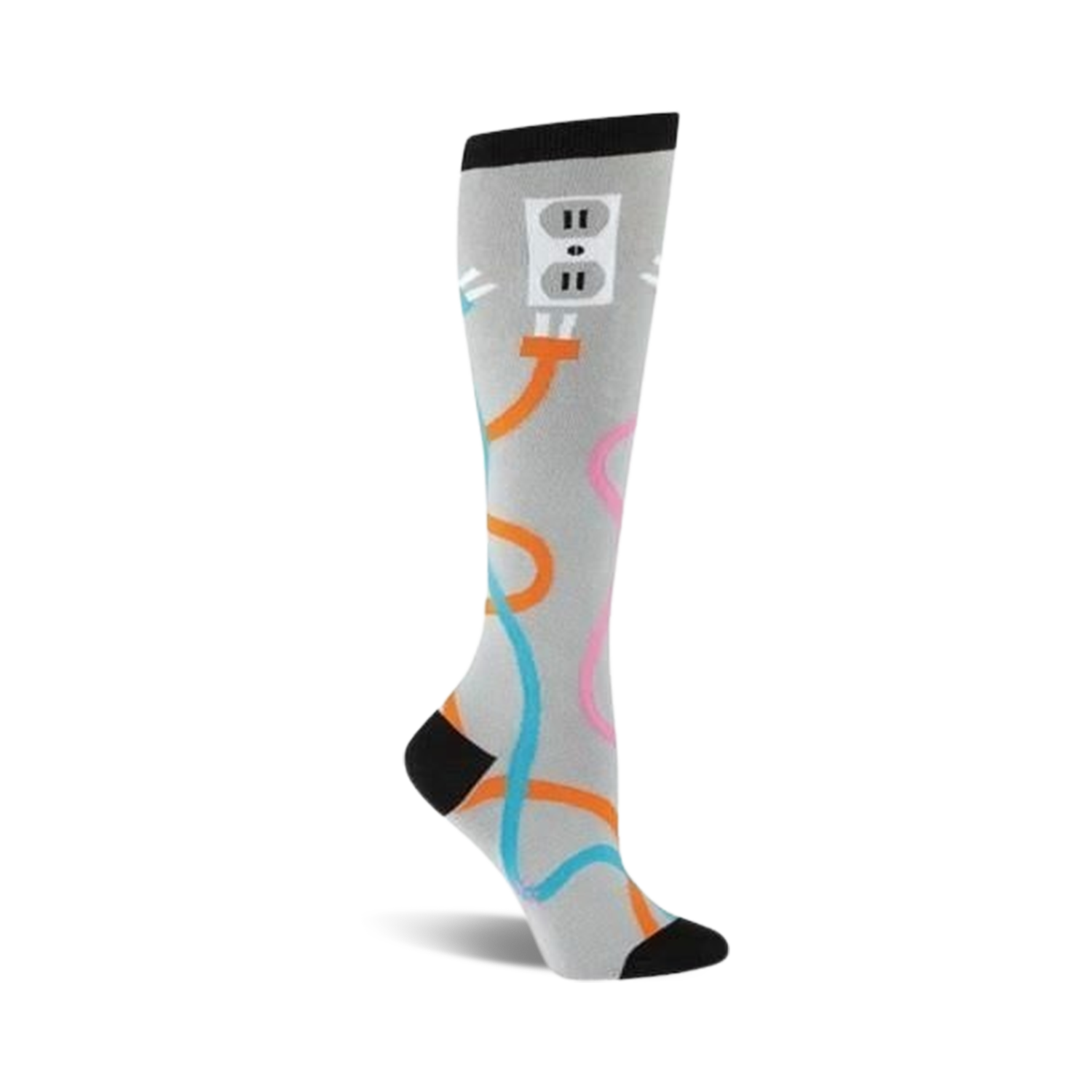 Knee-high socks in grey with an illustrated electrical outlet and colorful cord designs. Orange, teal, and pink accents on a light grey background.