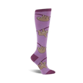 Purple knee-high socks featuring a pattern of brown sloths hanging from branches.