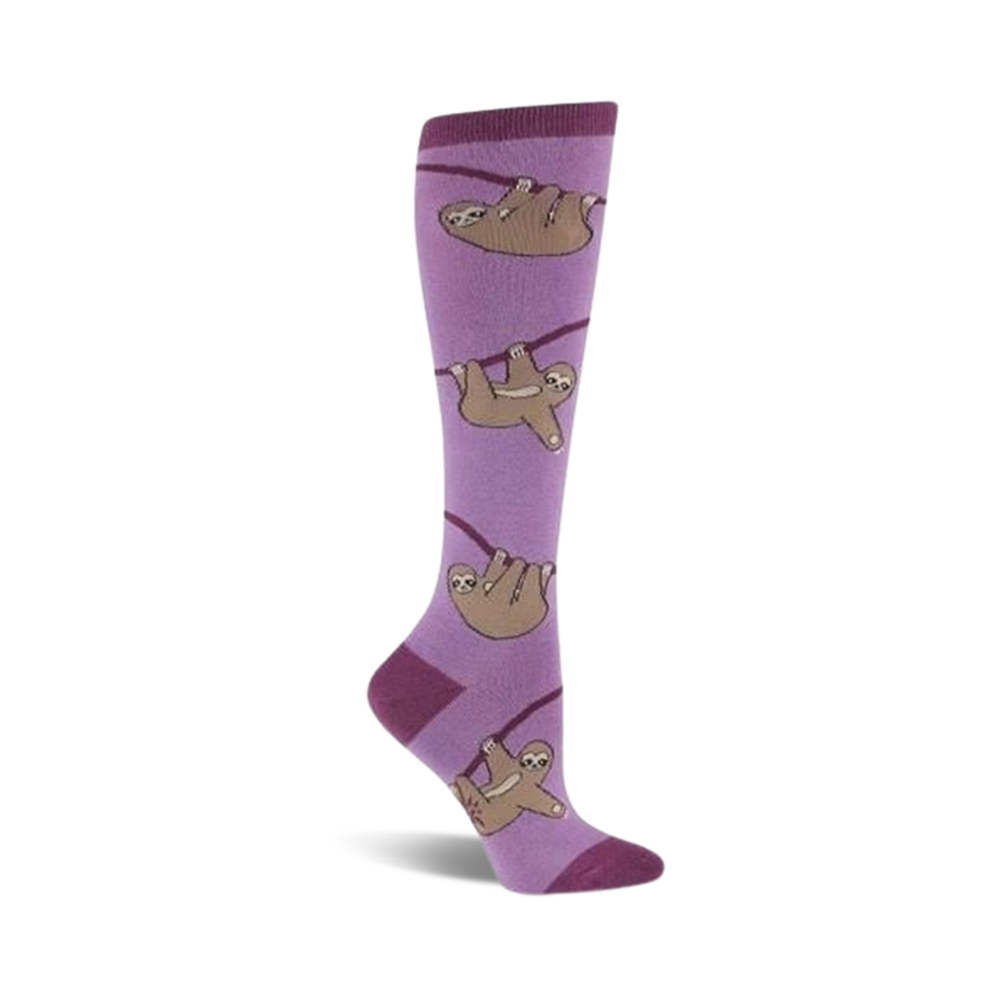 Purple knee-high socks featuring a pattern of brown sloths hanging from branches.
