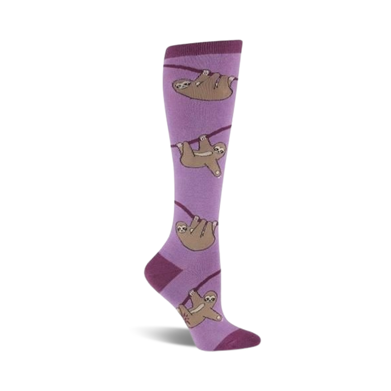 Purple knee-high socks featuring a pattern of brown sloths hanging from branches.