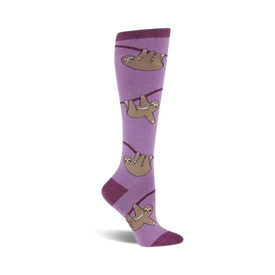 purple knee-high women's "sloth" socks with brown sloths and cream-colored faces, hands, and feet. great for the mellow dresser or animal print enthusiast.   