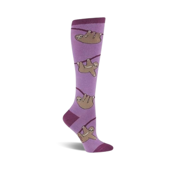 purple knee-high women's "sloth" socks with brown sloths and cream-colored faces, hands, and feet. great for the mellow dresser or animal print enthusiast.   