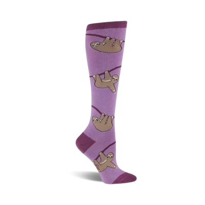 purple knee-high women's "sloth" socks with brown sloths and cream-colored faces, hands, and feet. great for the mellow dresser or animal print enthusiast.   