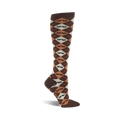 Brown and tan knee-high socks in an argyle pattern.  Each diamond features a small, illustrated mustache.