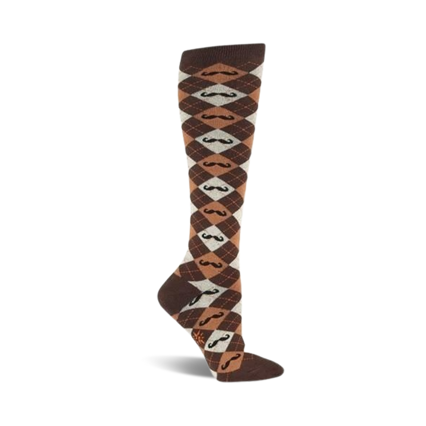 Brown and tan knee-high socks in an argyle pattern.  Each diamond features a small, illustrated mustache.