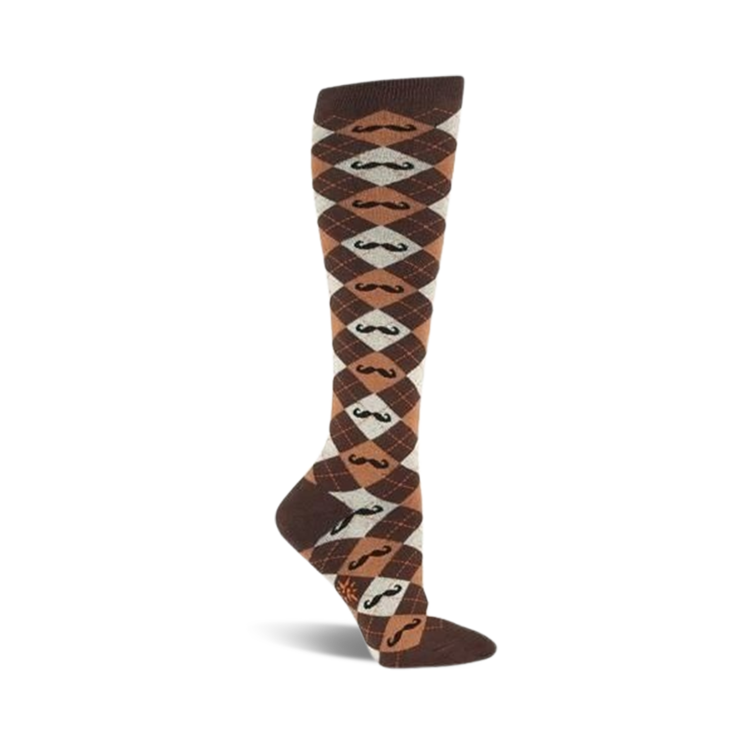 Brown and tan knee-high socks in an argyle pattern.  Each diamond features a small, illustrated mustache.