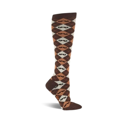 womens brown, gray, and orange argyle mustache pattern knee high socks  