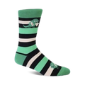 Crew socks in mint green, black, and white stripes. Features a cute monster graphic carrying a letter.