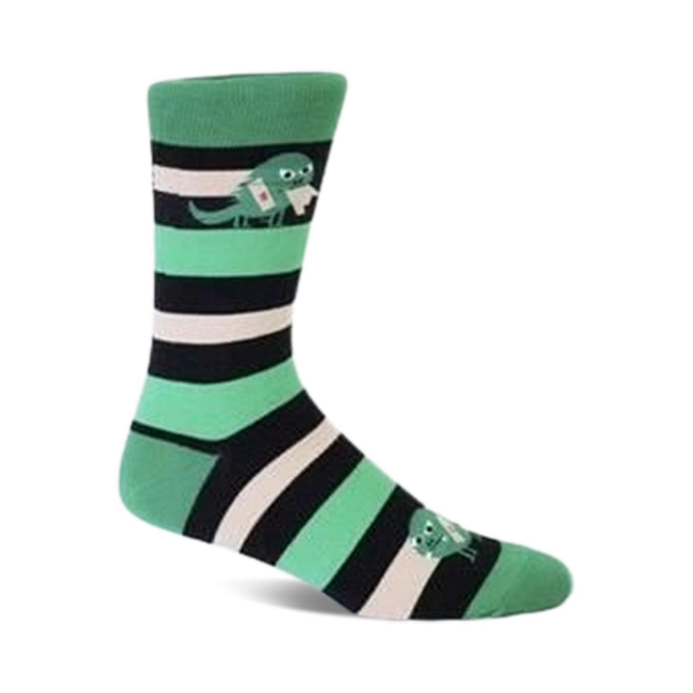 Crew socks in mint green, black, and white stripes. Features a cute monster graphic carrying a letter.