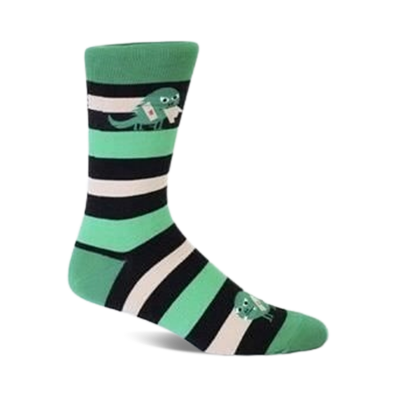 Crew socks in mint green, black, and white stripes. Features a cute monster graphic carrying a letter.
