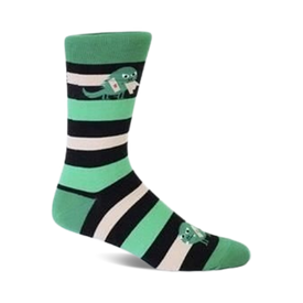 green, black, white striped crew socks with cartoon monster pattern. perfect for monster fans.   
