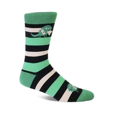 green, black, white striped crew socks with cartoon monster pattern. perfect for monster fans.   