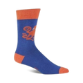Blue crew socks with an orange octopus design. The socks have an orange cuff and toe.