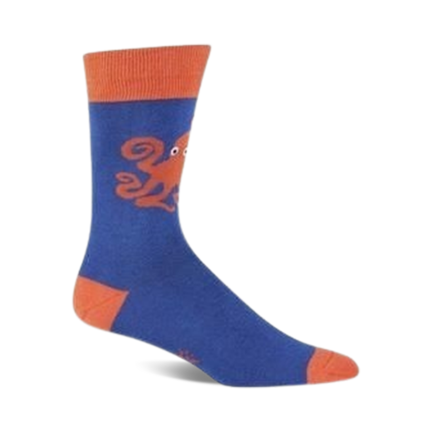 Blue crew socks with an orange octopus design. The socks have an orange cuff and toe.