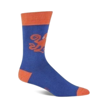 blue men's crew socks with orange octopus graphic facing wearer's left   