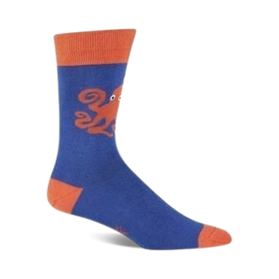 blue men's crew socks with orange octopus graphic facing wearer's left   