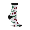White crew socks with a playful print of red cherries and green leaves on a white background. Black cuff.