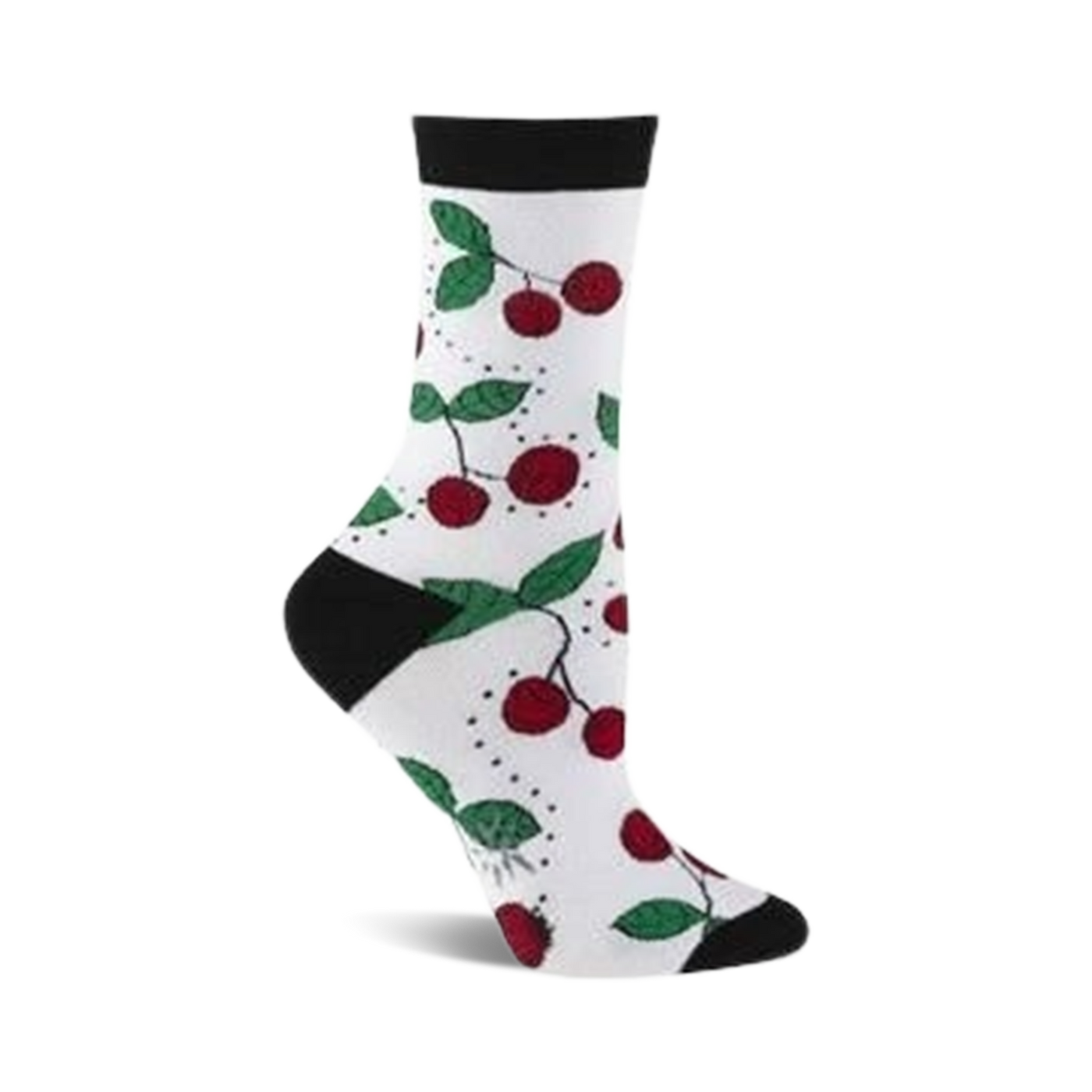 White crew socks with a playful print of red cherries and green leaves on a white background. Black cuff.