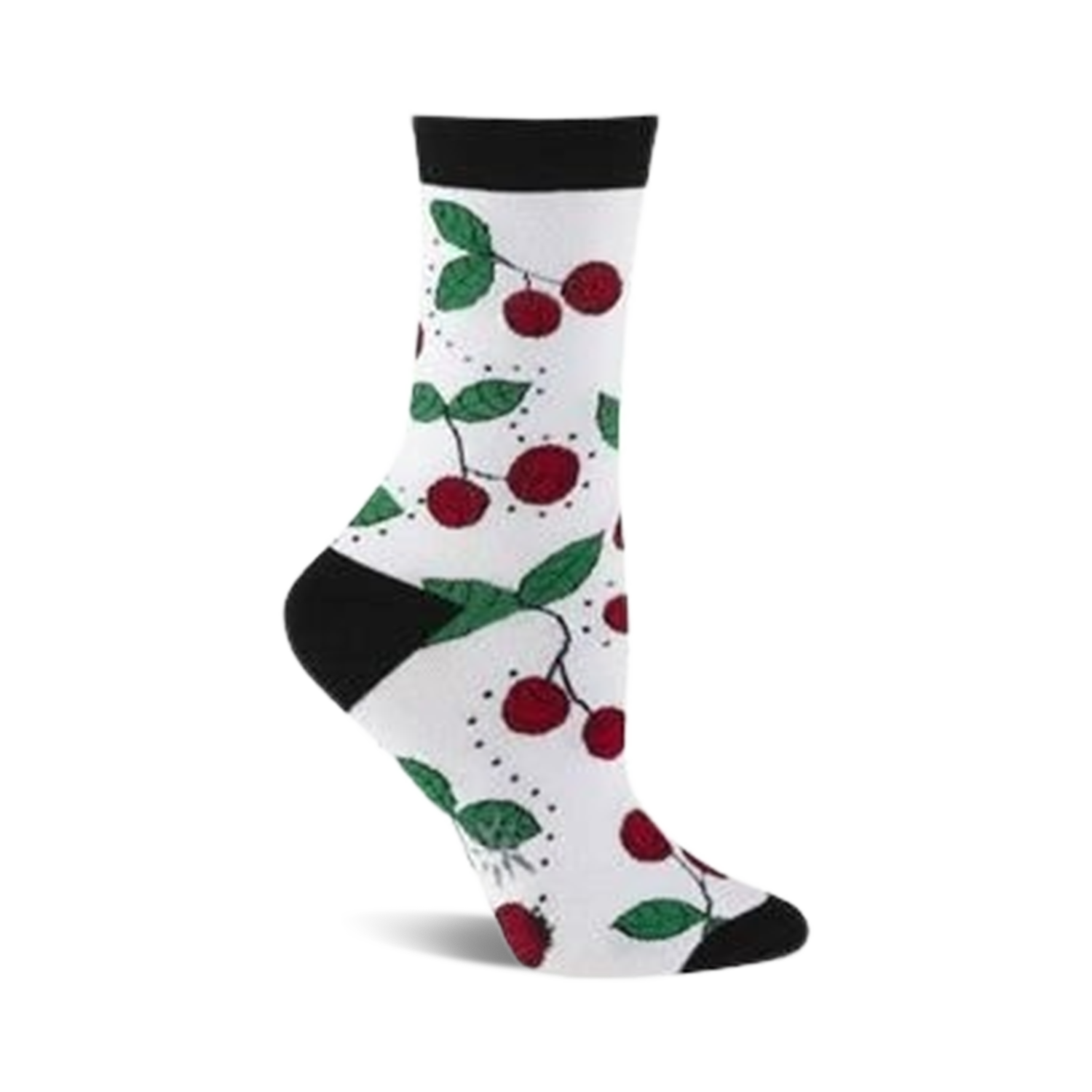 White crew socks with a playful print of red cherries and green leaves on a white background. Black cuff.