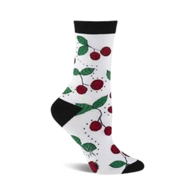 red cherries with green leaves on white crew socks for women.   