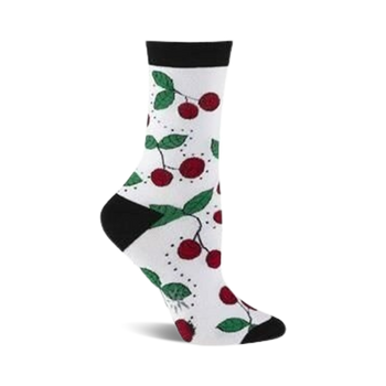 White crew socks with a playful print of red cherries and green leaves on a white background. Black cuff.