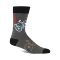 Gray crew socks featuring a repeated pattern of light blue and beige bicycles. Black cuff and sole.