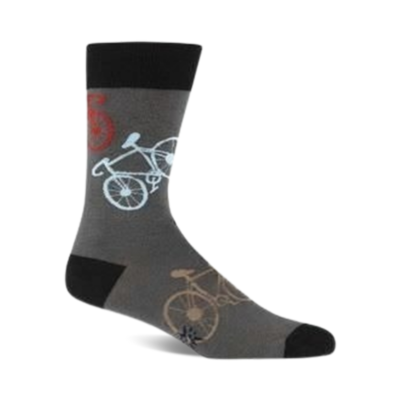Gray crew socks featuring a repeated pattern of light blue and beige bicycles. Black cuff and sole.
