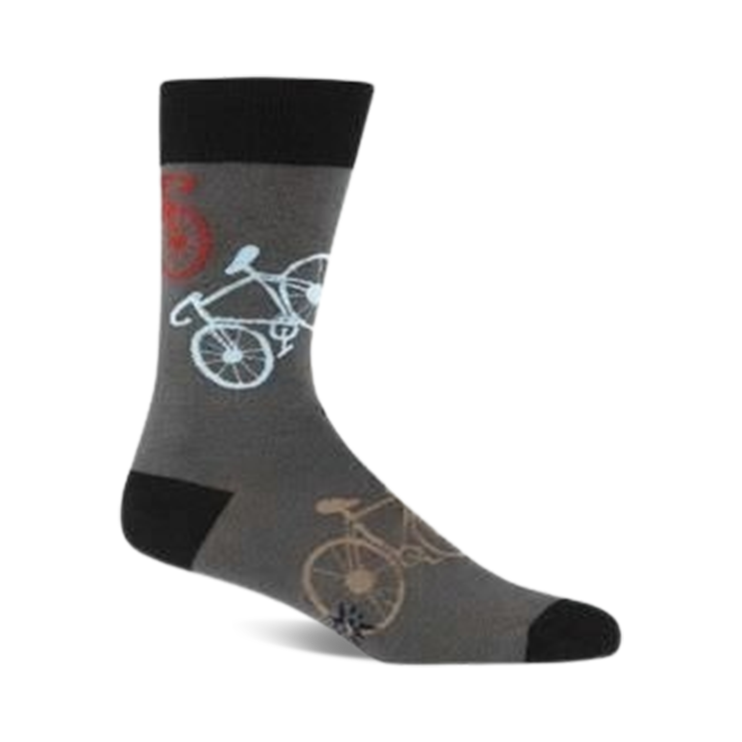 Gray crew socks featuring a repeated pattern of light blue and beige bicycles. Black cuff and sole.