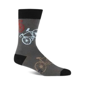 gray crew socks with vivid red, blue, and orange bicycle pattern for men, perfect for cycling enthusiasts.   