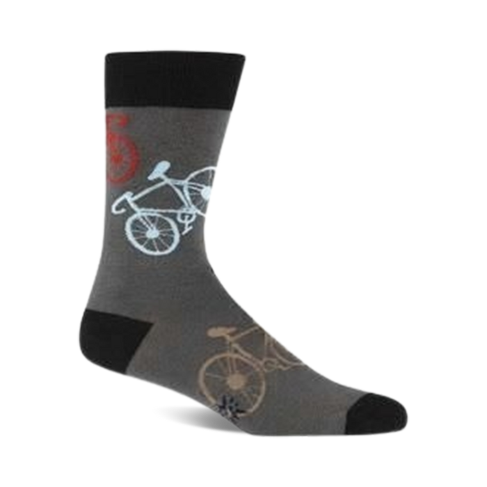 gray crew socks with vivid red, blue, and orange bicycle pattern for men, perfect for cycling enthusiasts.    }}