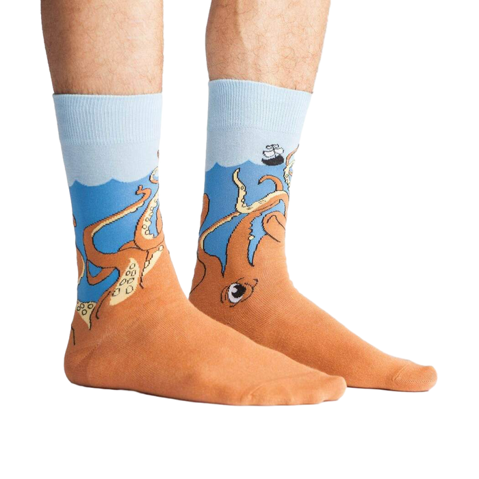Lifestyle shot of a person wearing the Squid-O socks, showing how the socks look when worn.
