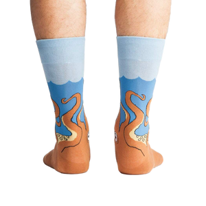 Rear view of a person wearing the Squid-O socks, showcasing the complete design on both socks.