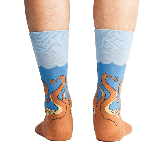 Rear view of a person wearing the Squid-O socks, showcasing the complete design on both socks.