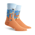 Pair of crew socks; orange body with a blue ocean top and cartoon octopus design, a sinking ship is partially visible above the octopus.