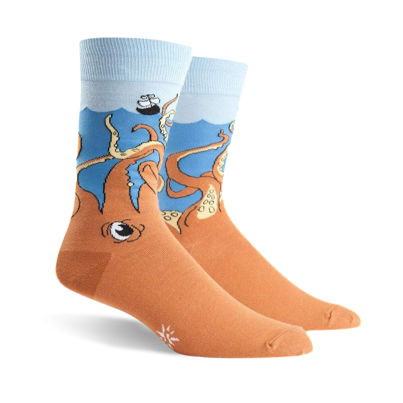 Pair of crew socks; orange body with a blue ocean top and cartoon octopus design, a sinking ship is partially visible above the octopus.