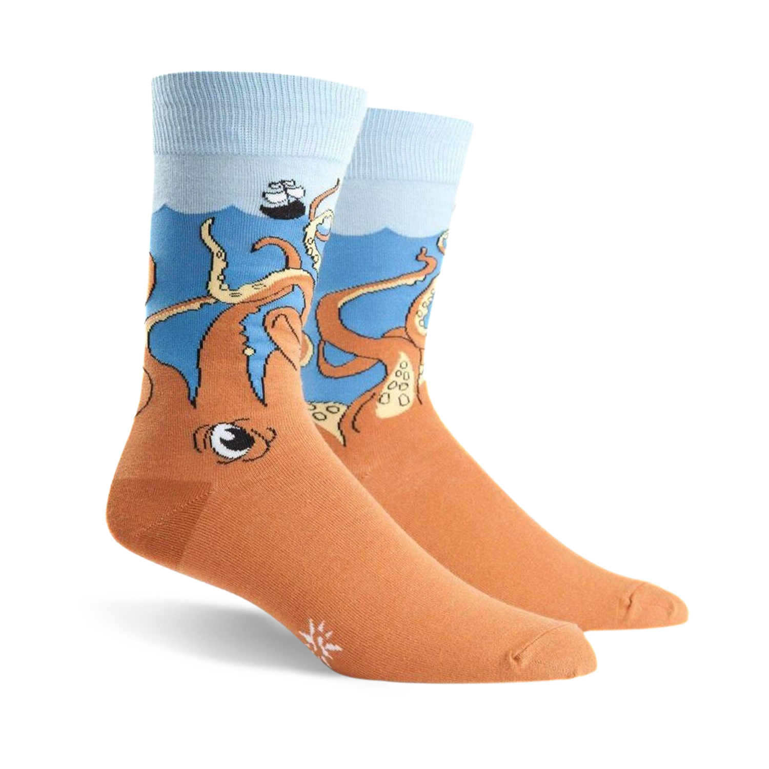 Pair of crew socks; orange body with a blue ocean top and cartoon octopus design, a sinking ship is partially visible above the octopus.