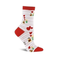 Crew socks in white with red stripes and accents. The design includes red hearts and cartoon burgers and fries.