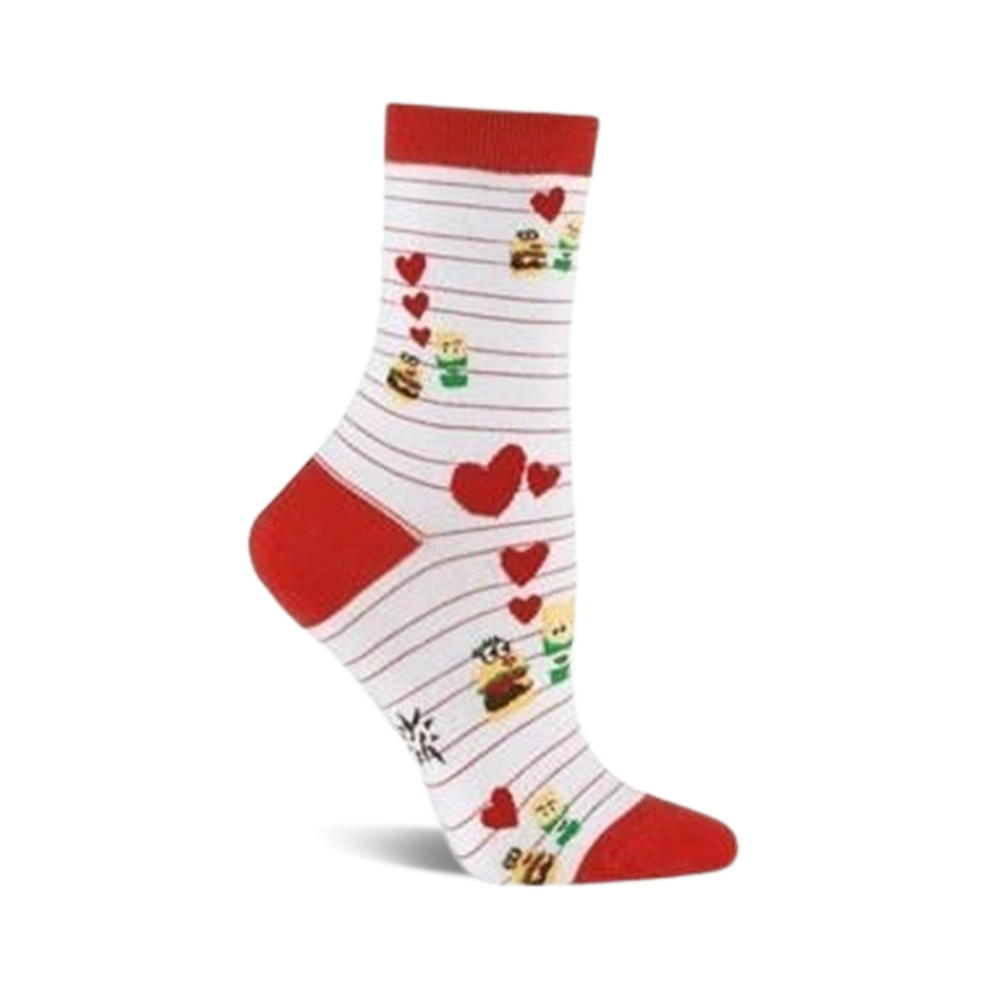 Crew socks in white with red stripes and accents. The design includes red hearts and cartoon burgers and fries.