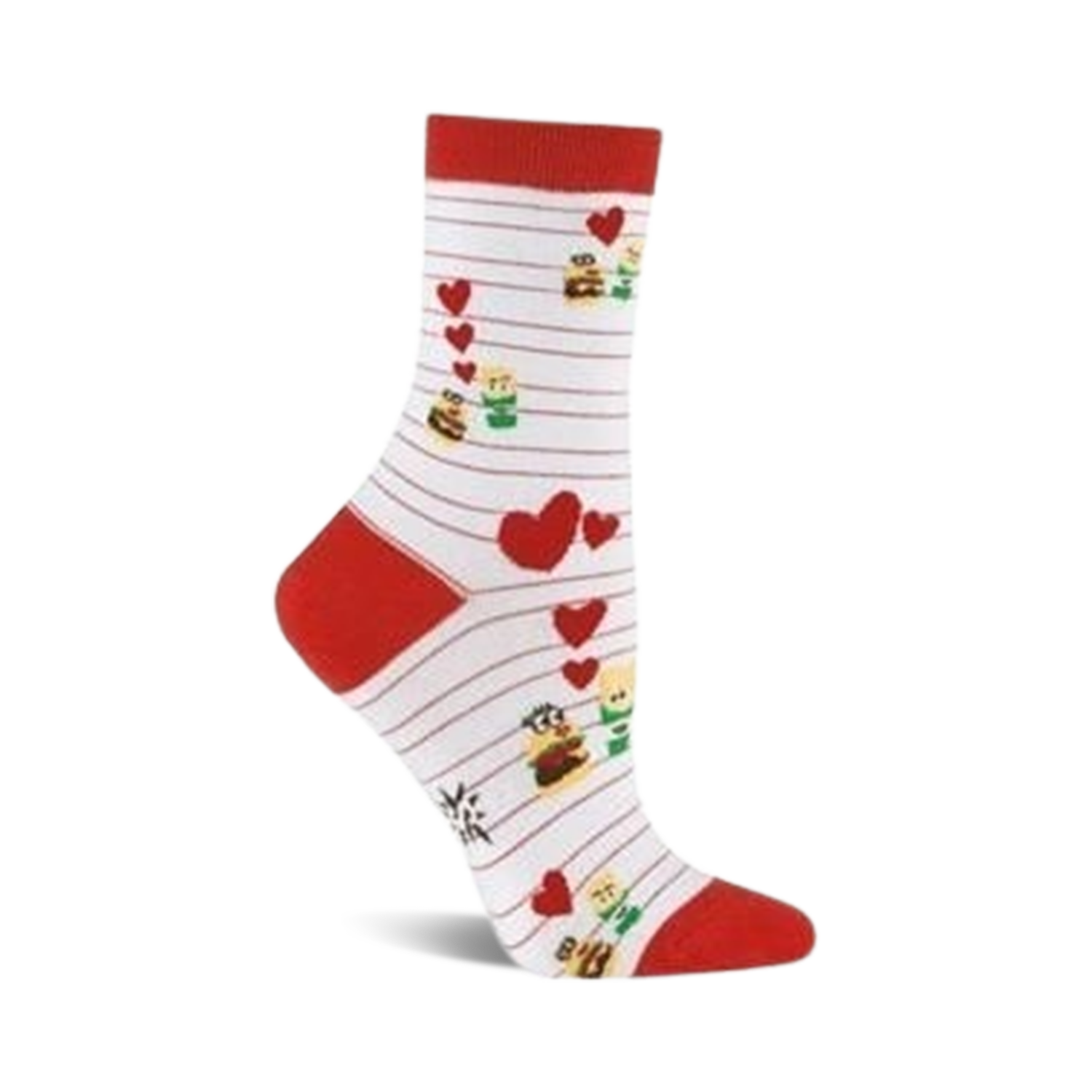 Crew socks in white with red stripes and accents. The design includes red hearts and cartoon burgers and fries.