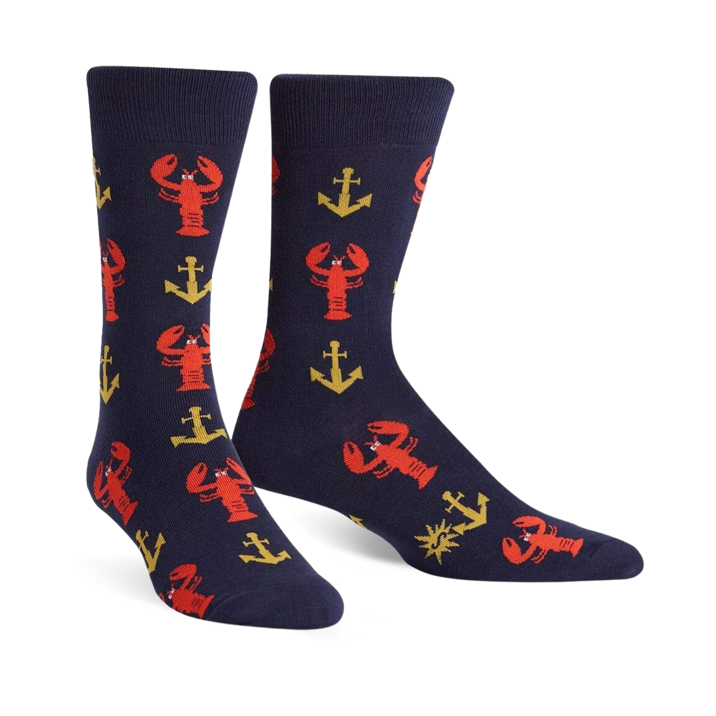 A pair of navy blue crew socks with a fun pattern of red lobsters and gold anchors. 