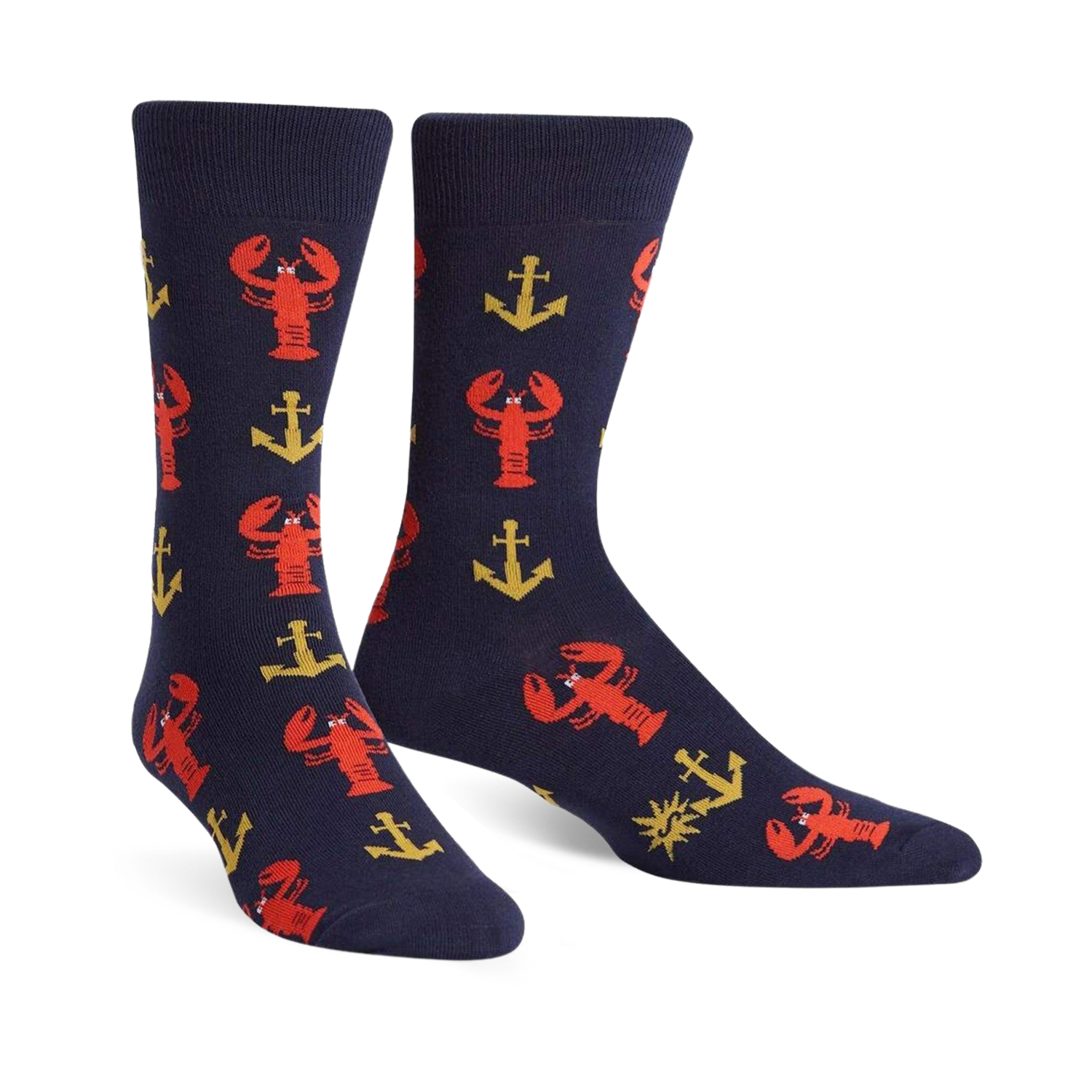 A pair of navy blue crew socks with a fun pattern of red lobsters and gold anchors. 