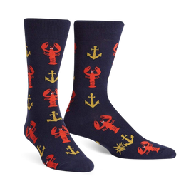 dark blue crew socks with a pattern of red lobsters and gold anchors. men's. lobster theme.   