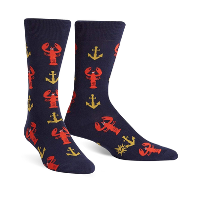 dark blue crew socks with a pattern of red lobsters and gold anchors. men's. lobster theme.   