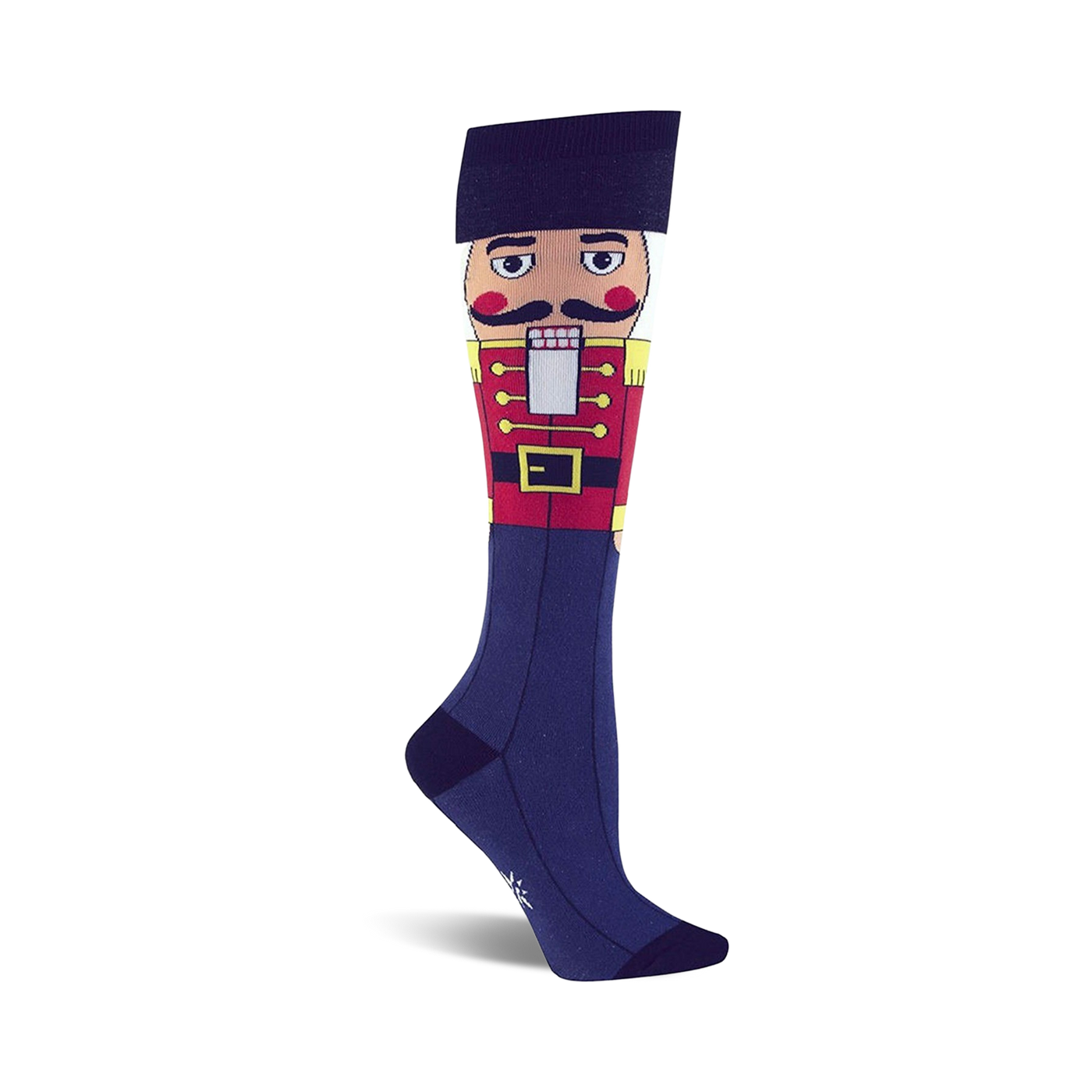 Knee-high socks in navy blue featuring a colorful Nutcracker design. The Nutcracker is depicted from the waist up, wearing a red coat and black hat.