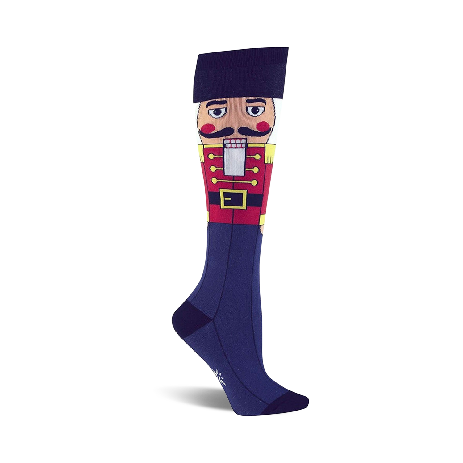 Knee-high socks in navy blue featuring a colorful Nutcracker design. The Nutcracker is depicted from the waist up, wearing a red coat and black hat.