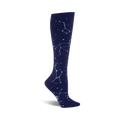Knee-high socks in navy blue with a pattern of light blue constellations.  A stylish and comfortable design for everyday wear.