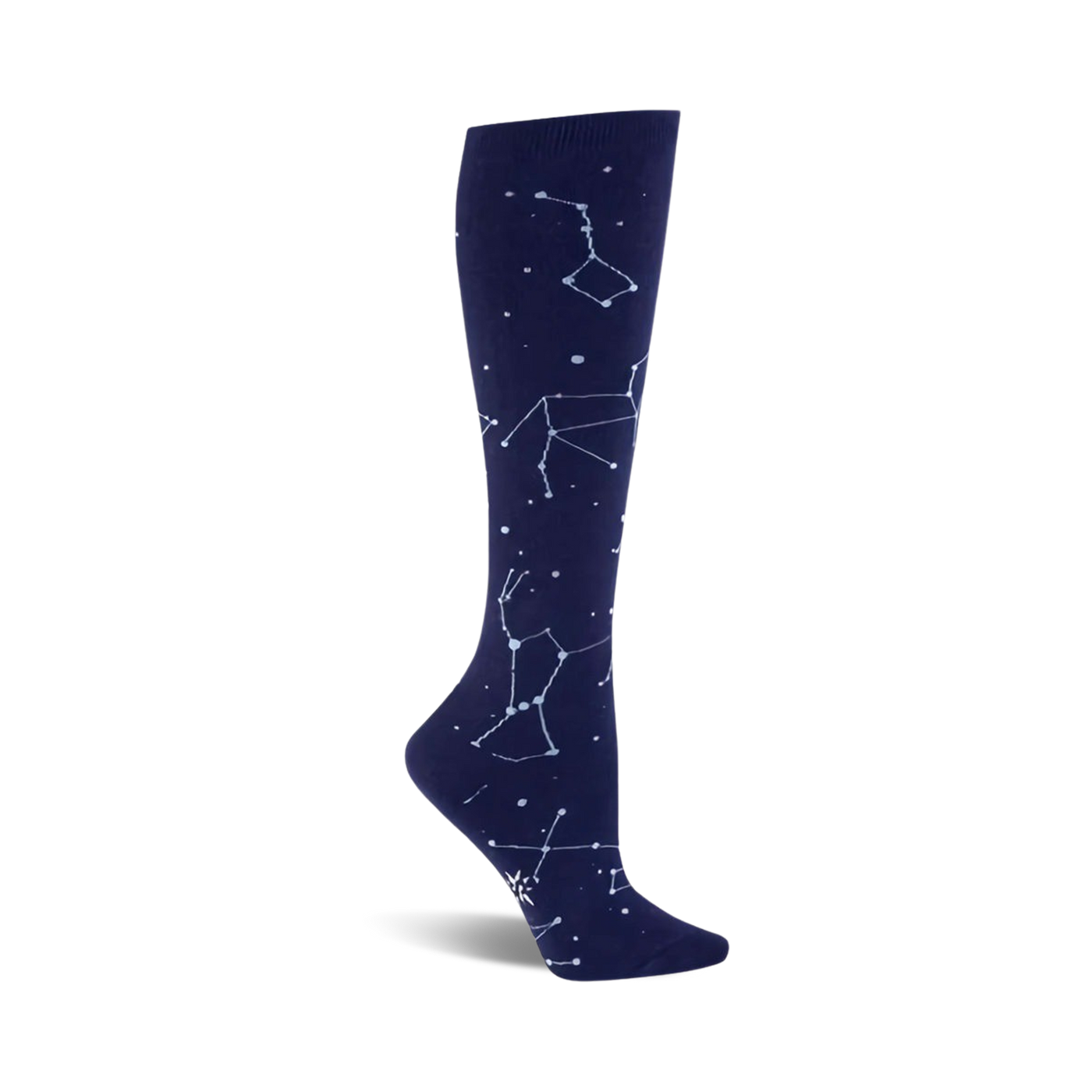 Knee-high socks in navy blue with a pattern of light blue constellations.  A stylish and comfortable design for everyday wear.