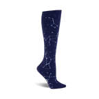Knee-high socks in navy blue with a pattern of light blue constellations.  A stylish and comfortable design for everyday wear.