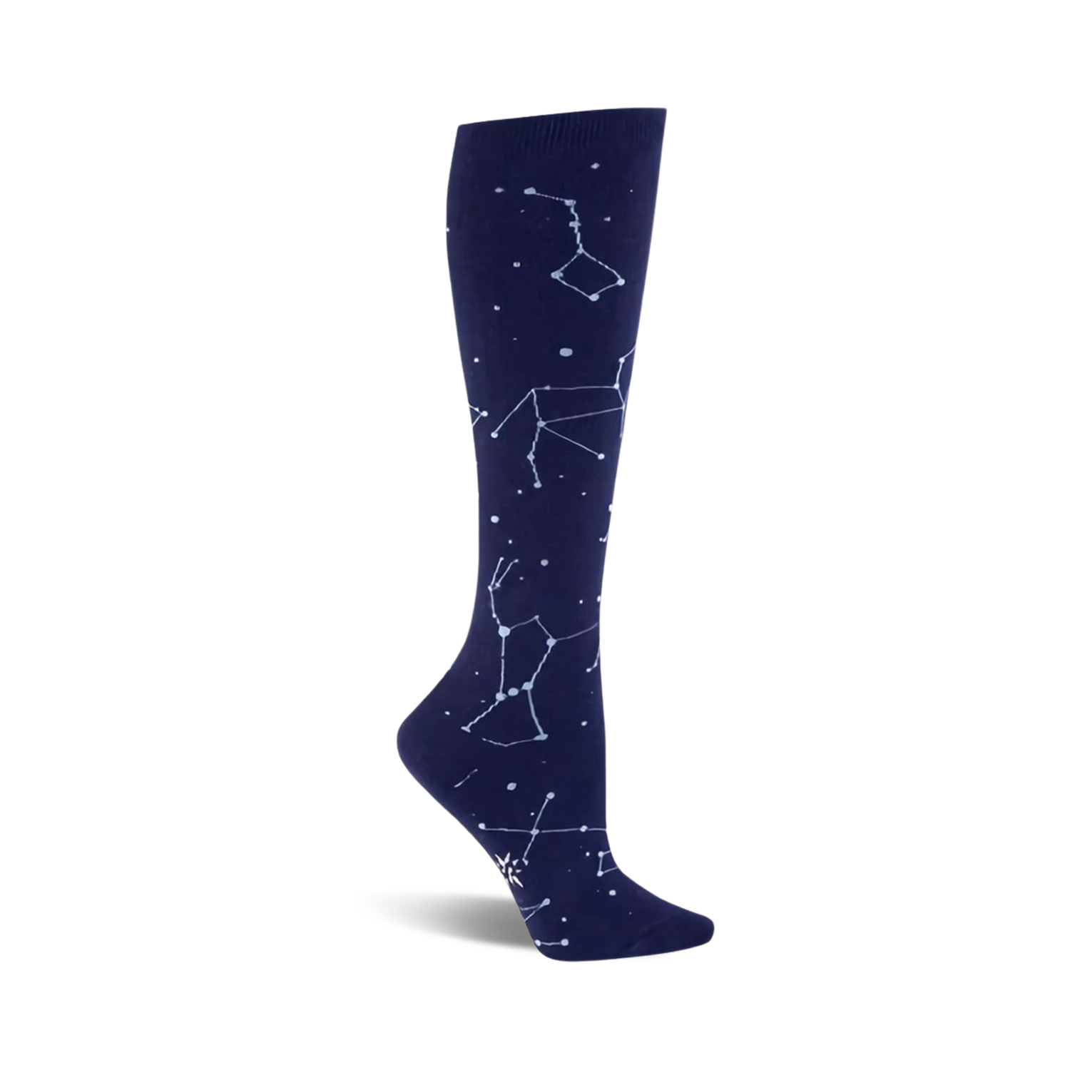Knee-high socks in navy blue with a pattern of light blue constellations.  A stylish and comfortable design for everyday wear.